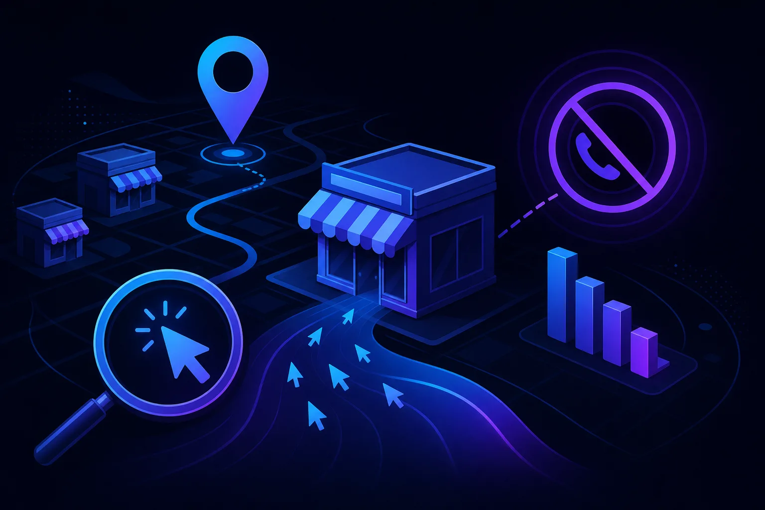 Dark blue isometric illustration showing storefronts on a map with location pin, magnifying glass with cursor, arrows, no-phone icon, and bar chart