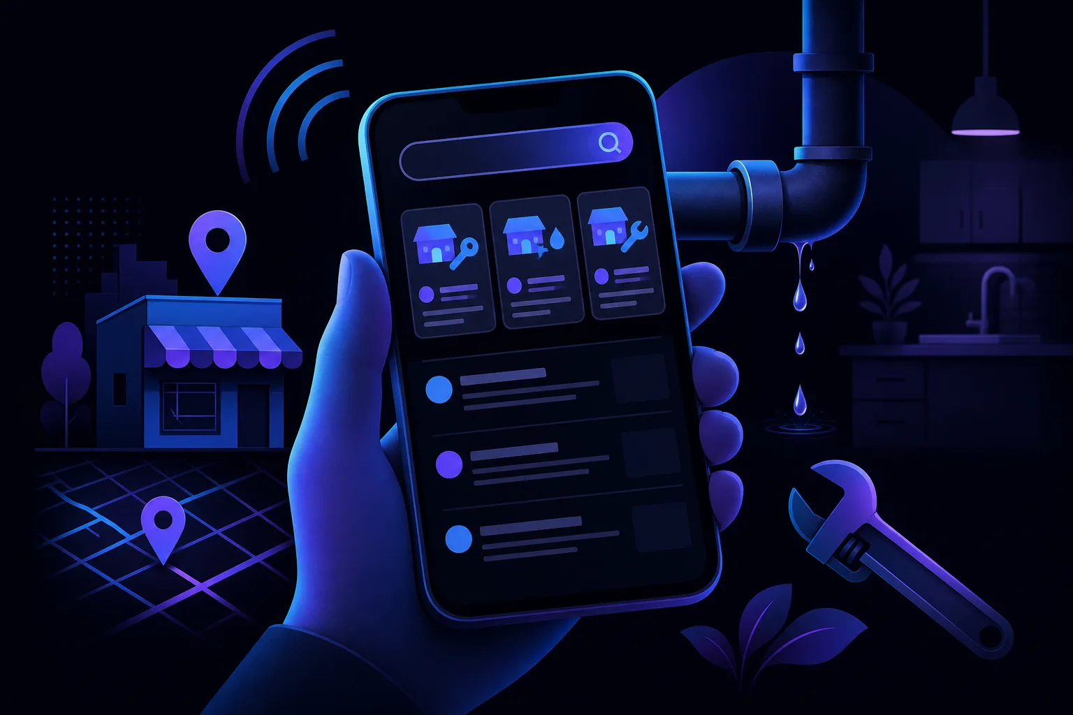 Hand holding smartphone with dark-themed home services app UI; leaking pipe, wrench, map pins, and storefront in background
