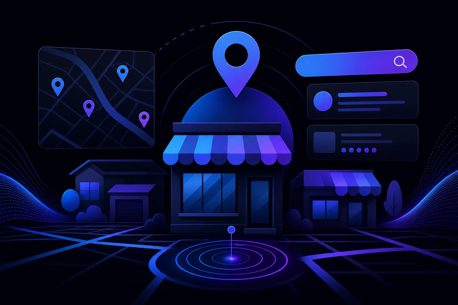 Dark-themed illustration of a storefront with map pins, a street map, search bar, and location radar elements in blue and purple.