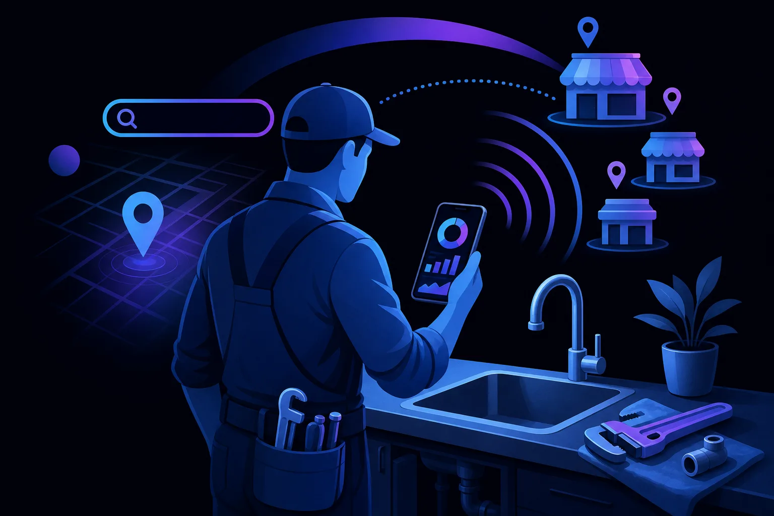 Plumber in work clothes and cap holds smartphone near kitchen sink; digital icons show search bar, location pins, and store markers.