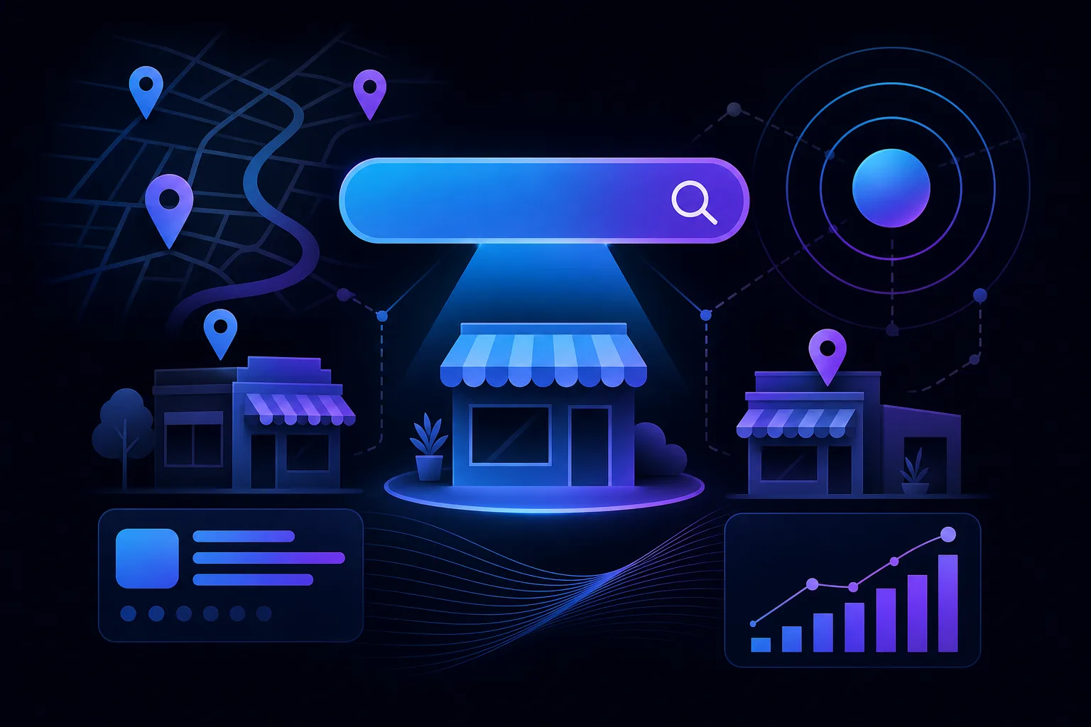Dark-themed illustration of local storefronts, a search bar with spotlight, map pins, growth chart, and location radar icons.