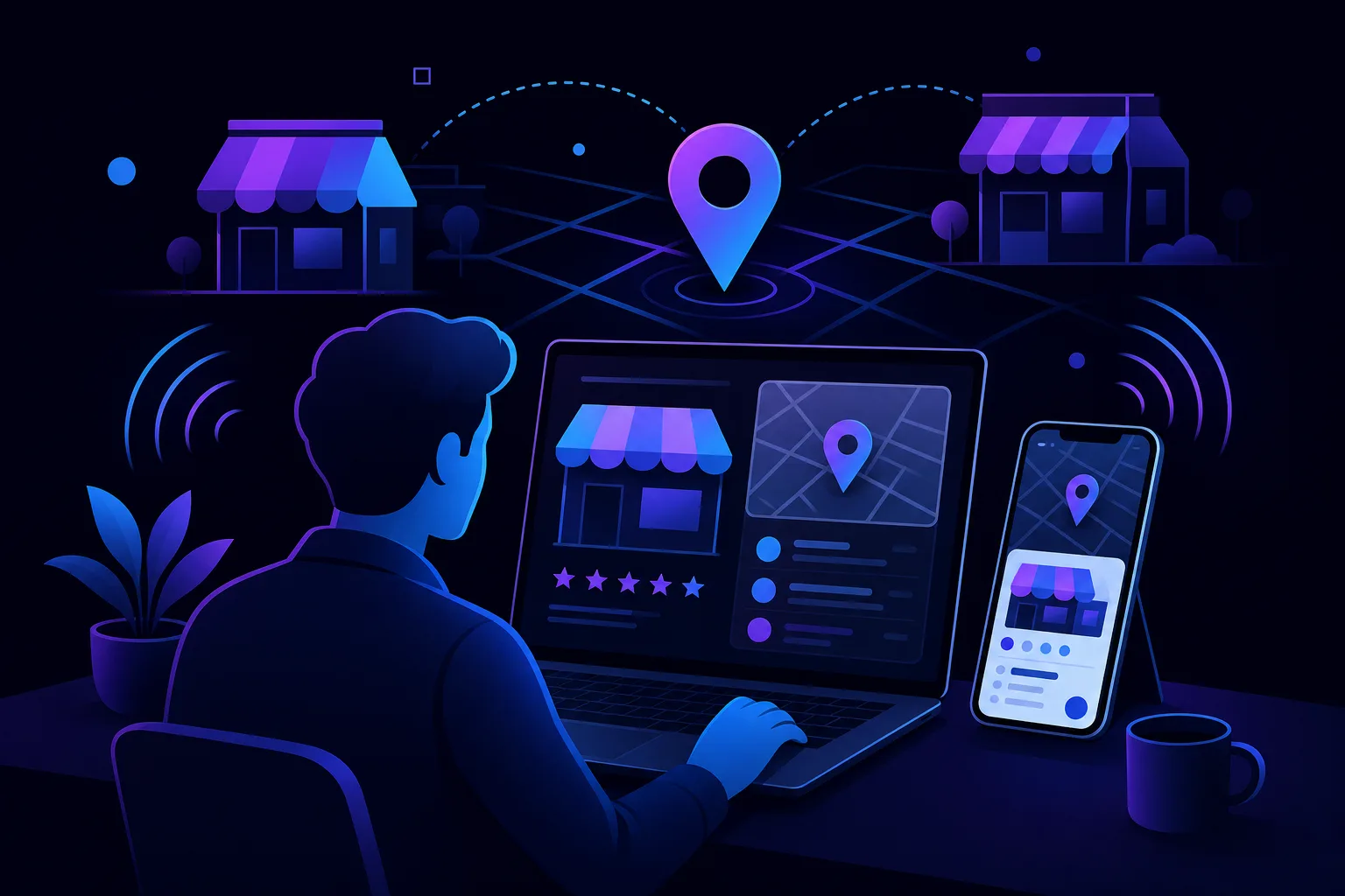 Person seen from behind working on laptop showing a store listing with map pin and stars, smartphone and coffee cup on dark desk