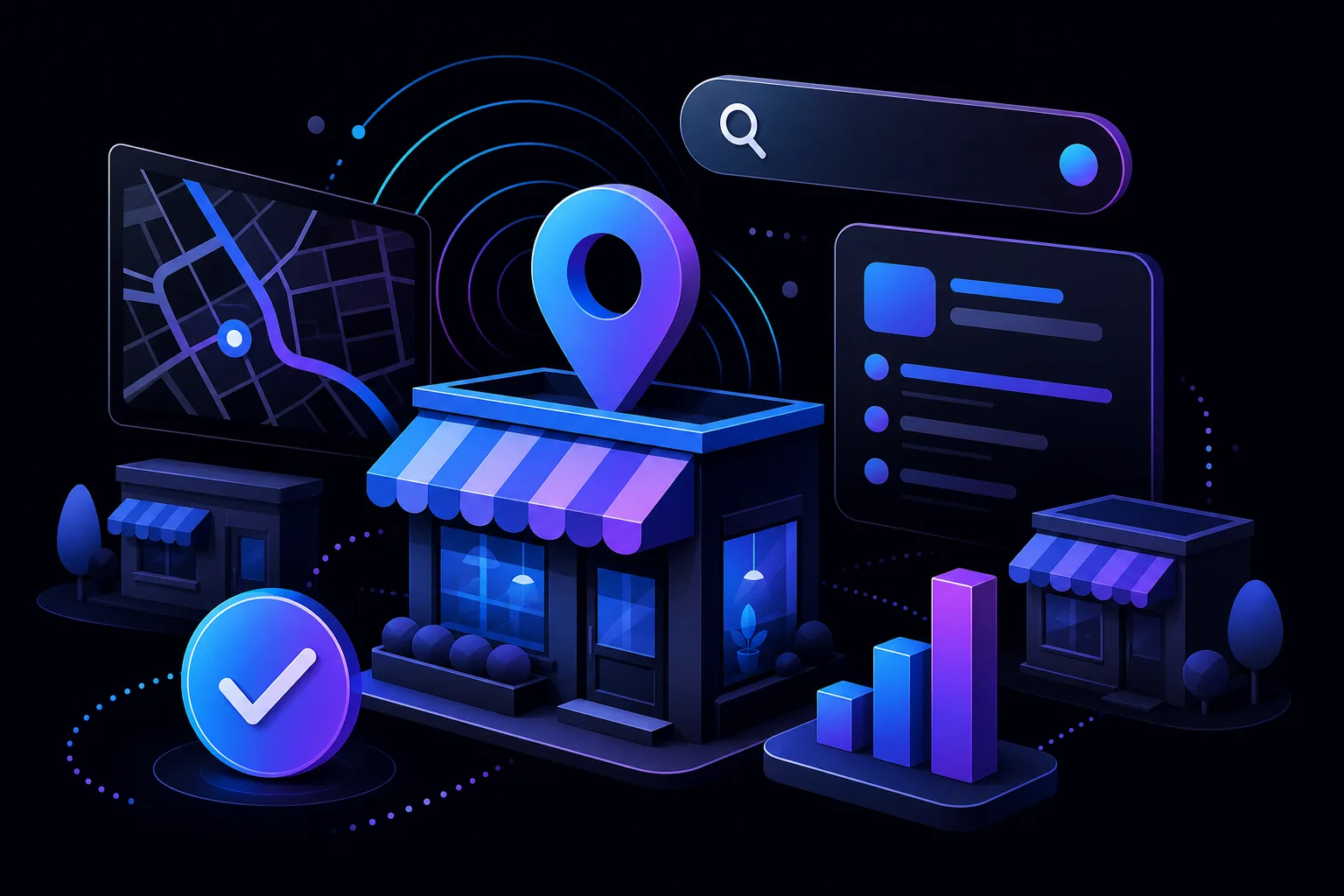 Dark-themed 3D illustration of a storefront with map pin, street map, search bar, business listing card, and growth chart.