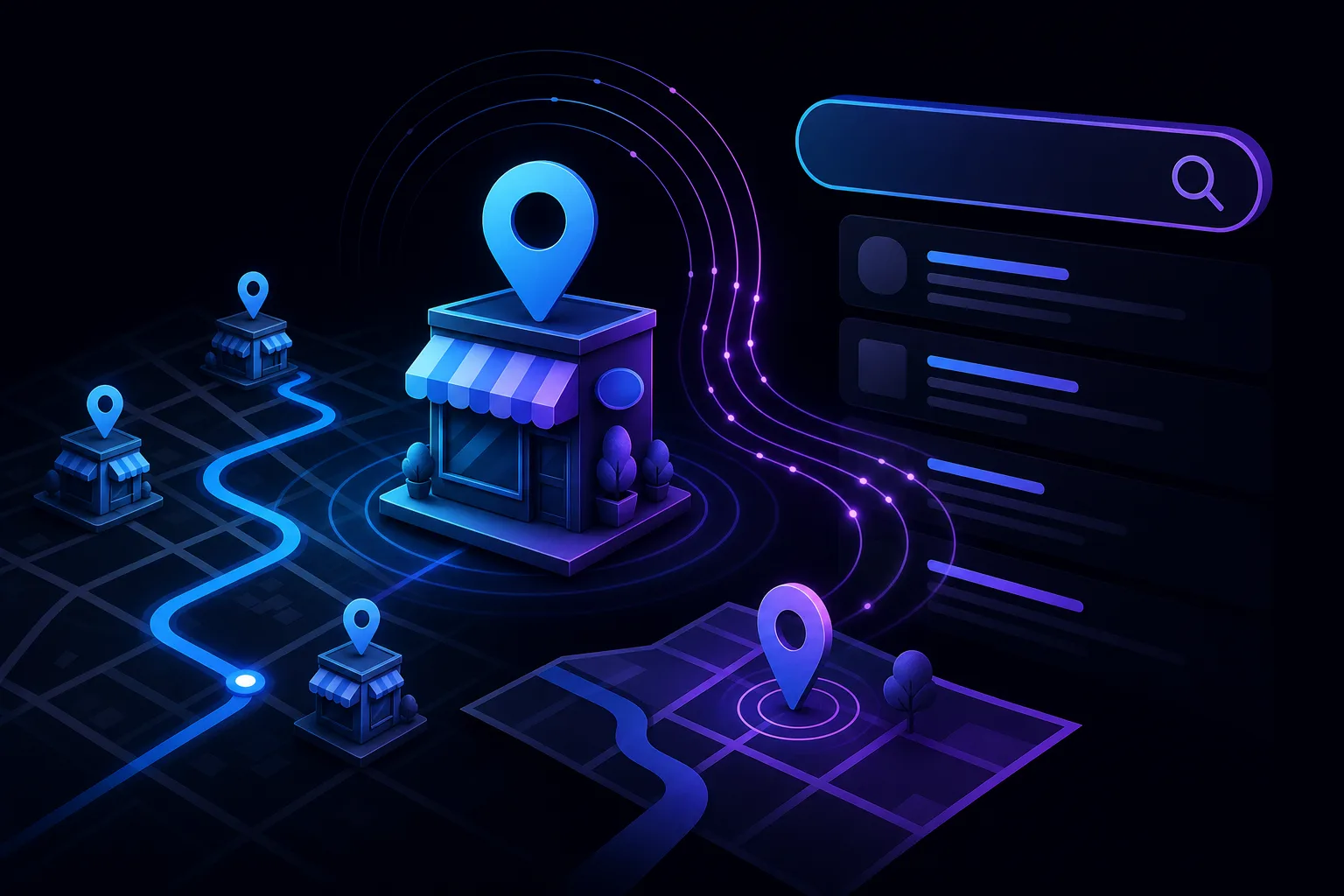 Isometric dark-theme illustration of store locations on a map grid with GPS pins, glowing paths, and a search bar UI panel.