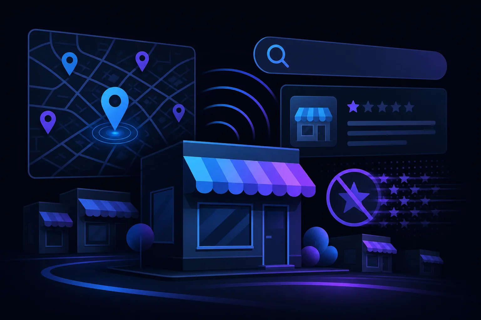 Dark-themed illustration of a storefront with map pins, search bar, star ratings, and a crossed-out star icon suggesting blocked reviews.