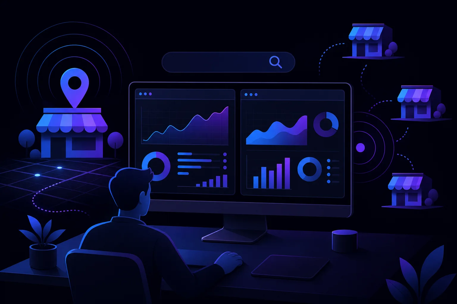 Person at desk viewing dual-panel analytics dashboard on monitor, with store icons and location pin in dark blue/purple scene