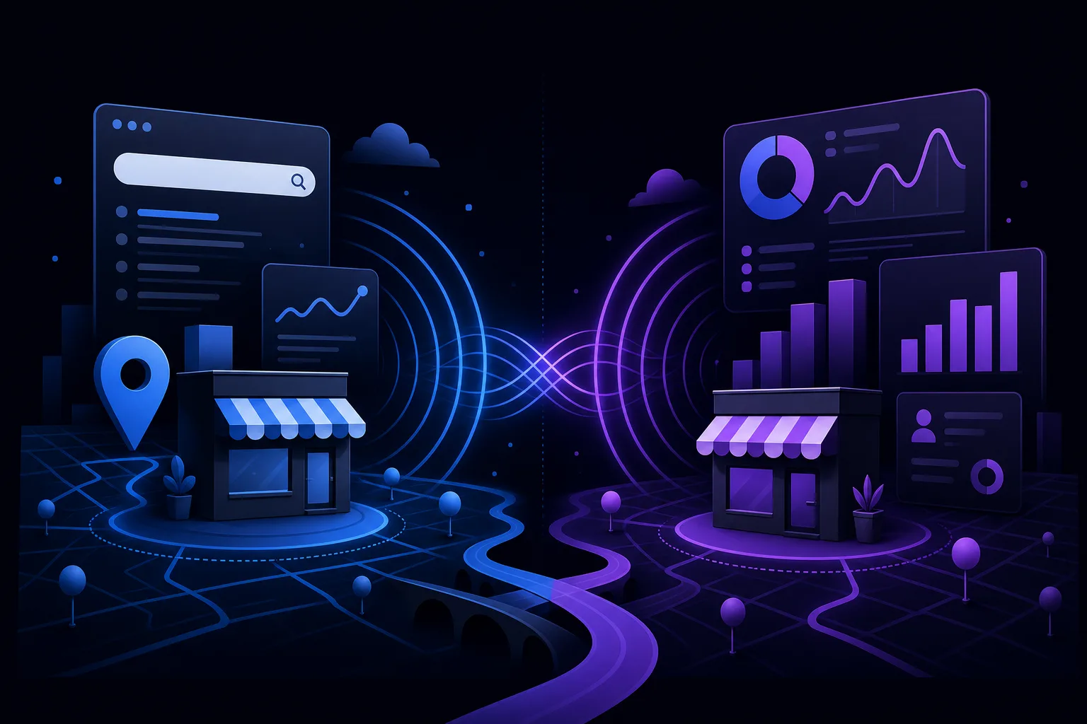 Two glowing storefronts side by side: blue side with search bar and location pin, purple side with charts and analytics dashboards