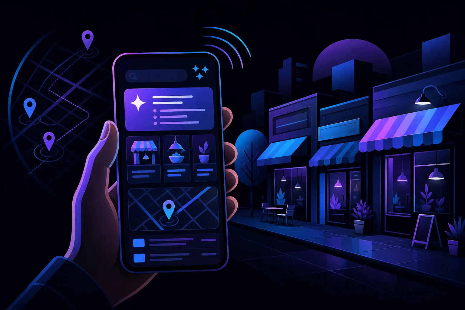 Hand holding smartphone with AI local search UI showing map, business listings, and location pins beside a glowing night streetscape.