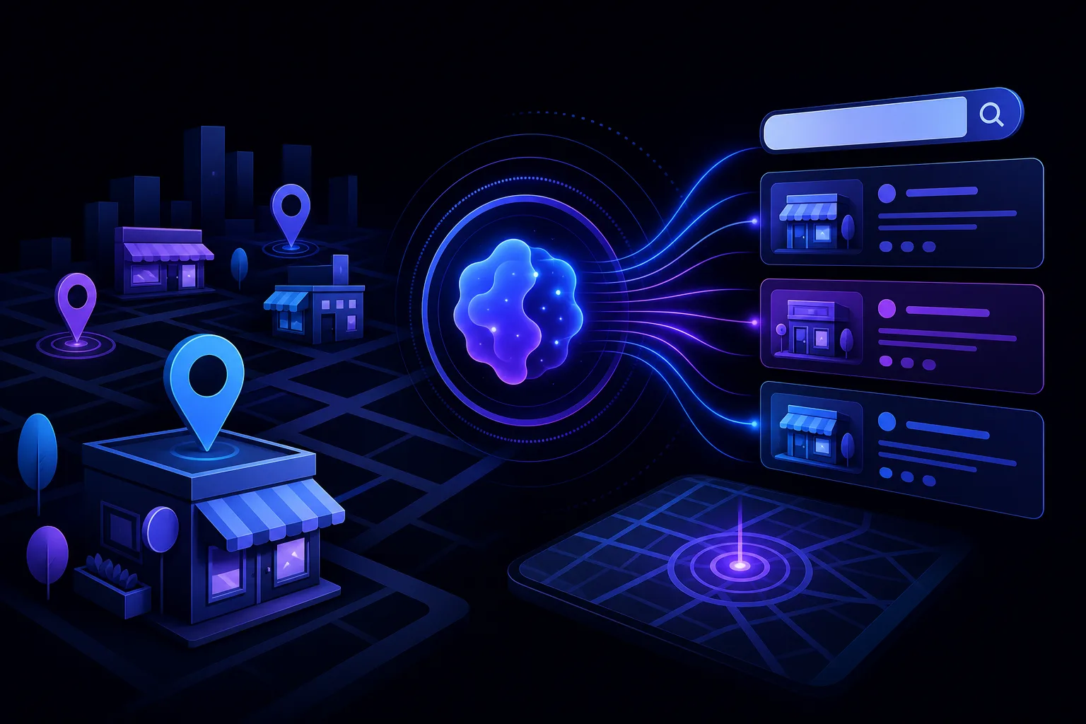 Dark-themed illustration: local storefronts with map pins, glowing AI brain, and search results panel showing business listings.