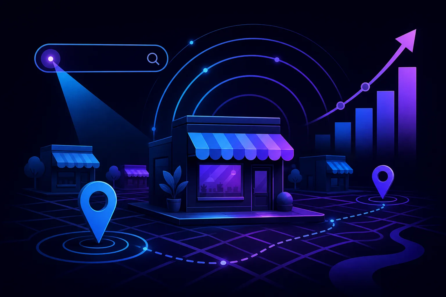 Dark blue digital illustration of a local storefront with map pins, search bar, signal waves, and an upward growth chart