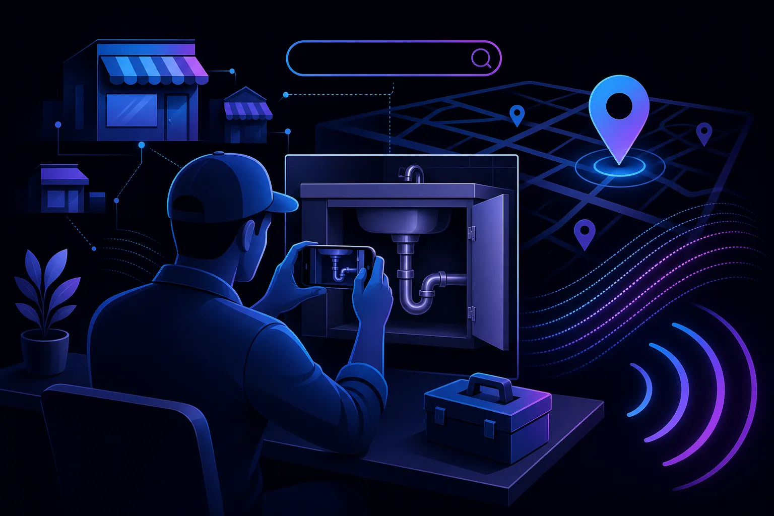 Plumber in cap photographs under-sink pipes with smartphone at desk; map, location pin, and search bar icons surround scene.