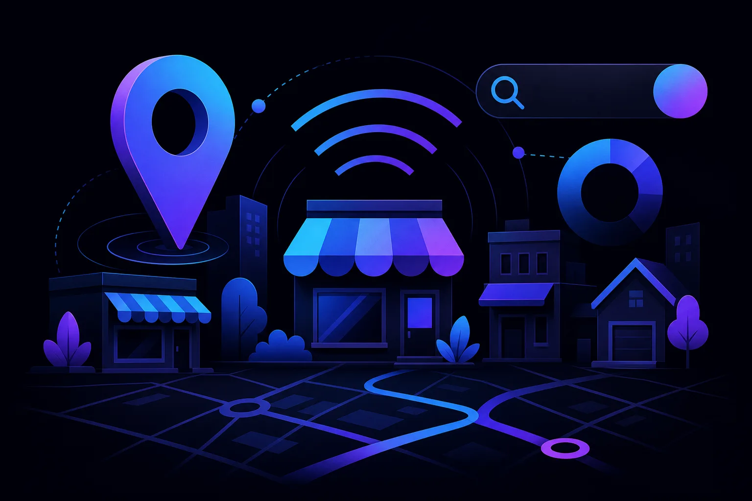 Dark-themed illustration of local business storefronts with a map pin, search bar, Wi-Fi signal, and street map grid.
