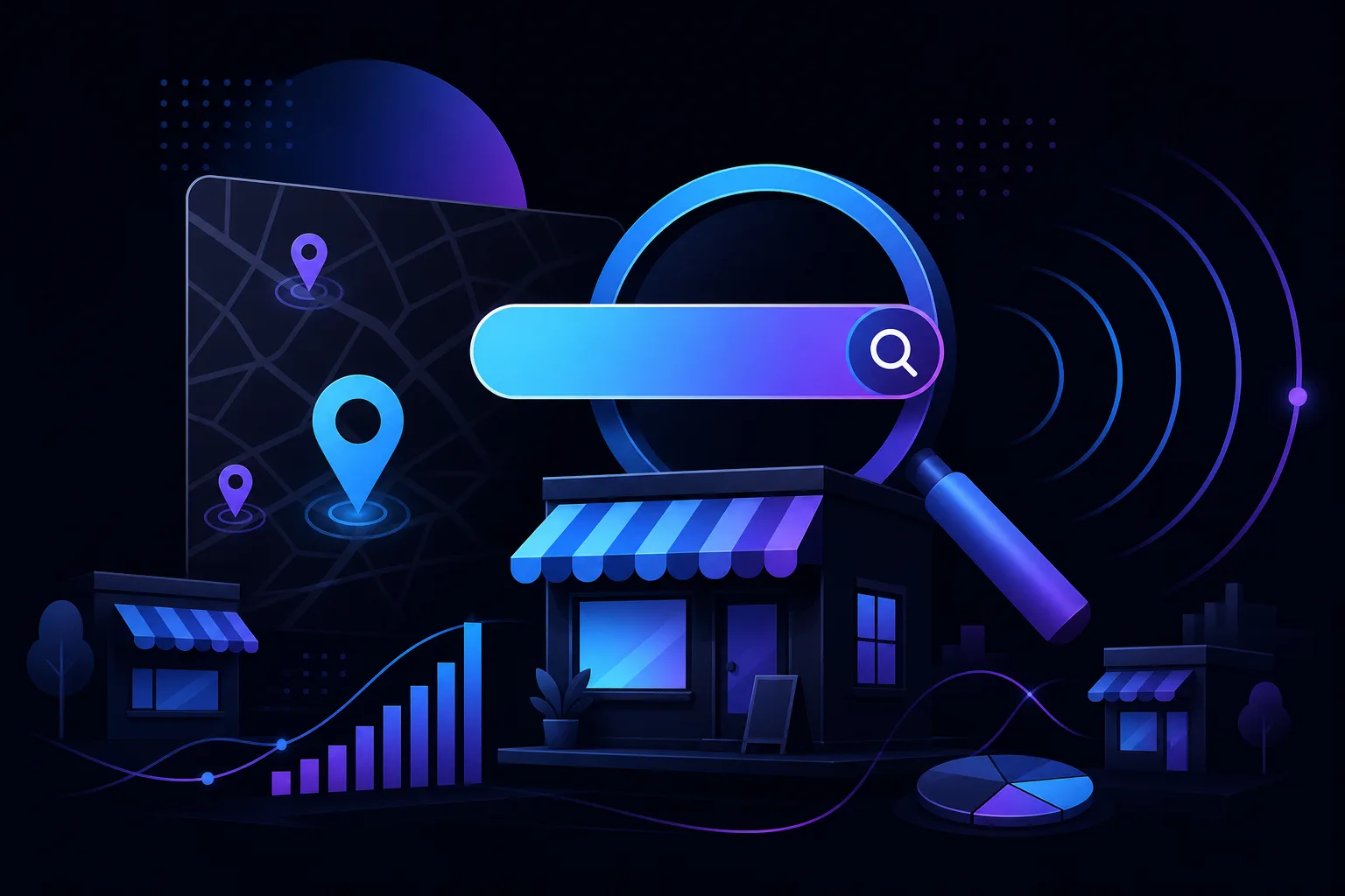 Dark-themed illustration of local storefronts, a magnifying glass over a search bar, map pins, and analytics charts.