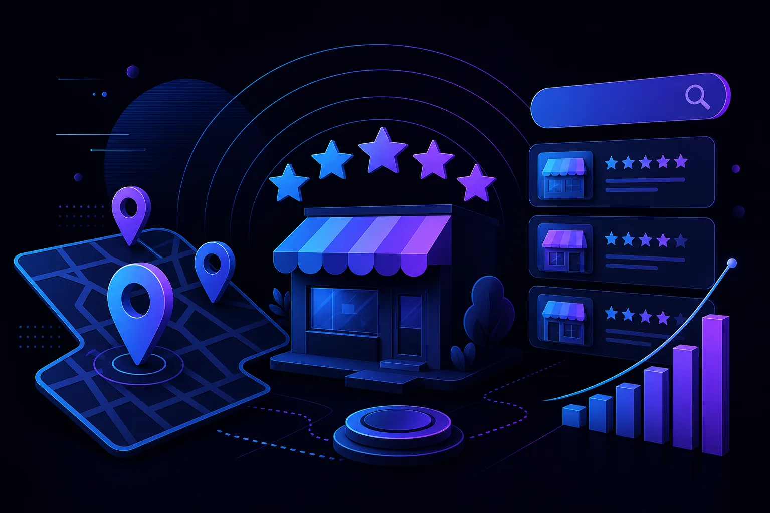 Dark-themed 3D illustration of a storefront with 5 stars, map pins, search bar, business listings, and a growth bar chart.