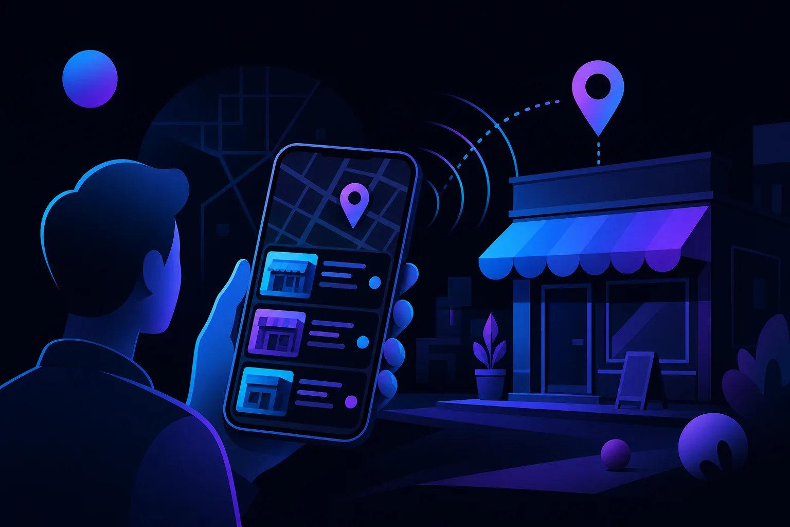 Illustrated person holding smartphone showing map with location pin and 3 business listings, with a storefront and GPS pin in background.
