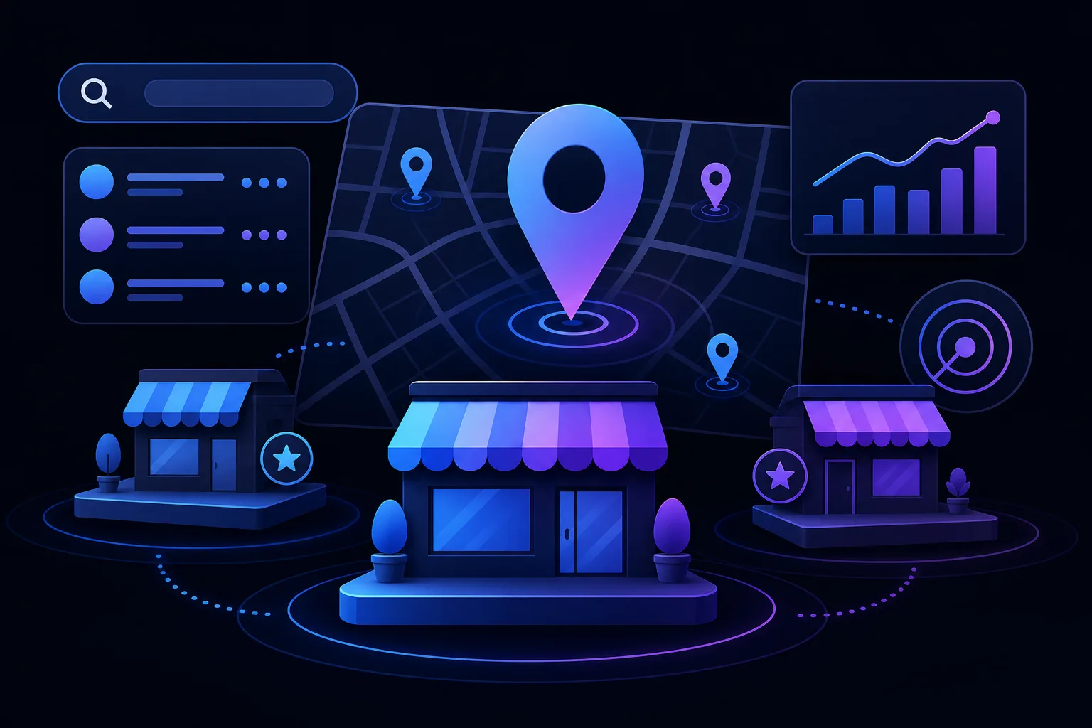 3D illustration of local businesses on a map with GPS pin, search bar, analytics chart, and star ratings on dark background