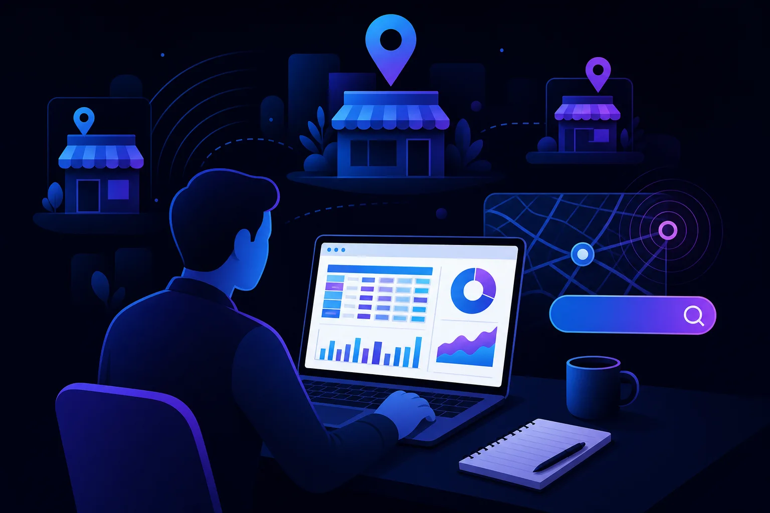 Person from behind working on laptop showing dashboards with charts; store location pins and map icons float in dark blue background