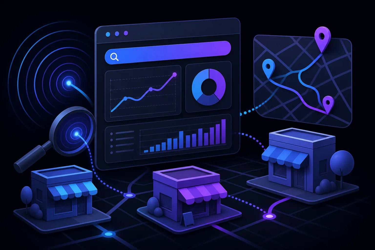 Dark-themed 3D illustration showing a search analytics dashboard, map with location pins, magnifying glass, and storefront icons.
