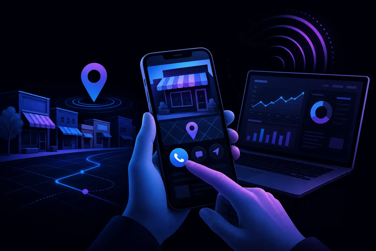 Hands holding smartphone showing local business map listing with call button; laptop displays analytics charts in dark blue background