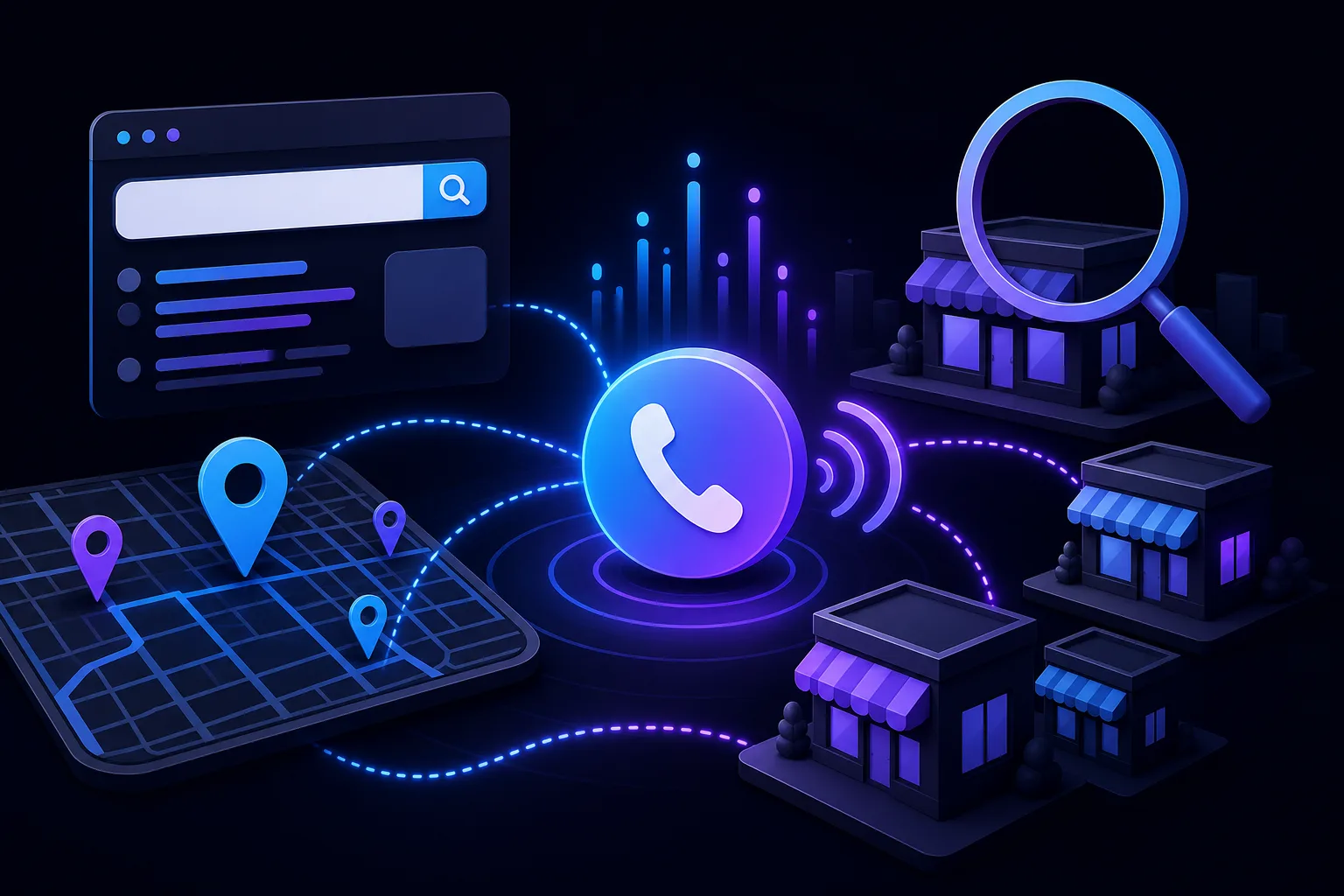 Dark-themed 3D illustration showing phone call icon connected via dotted lines to map pins, search bar, storefronts, and magnifying glass