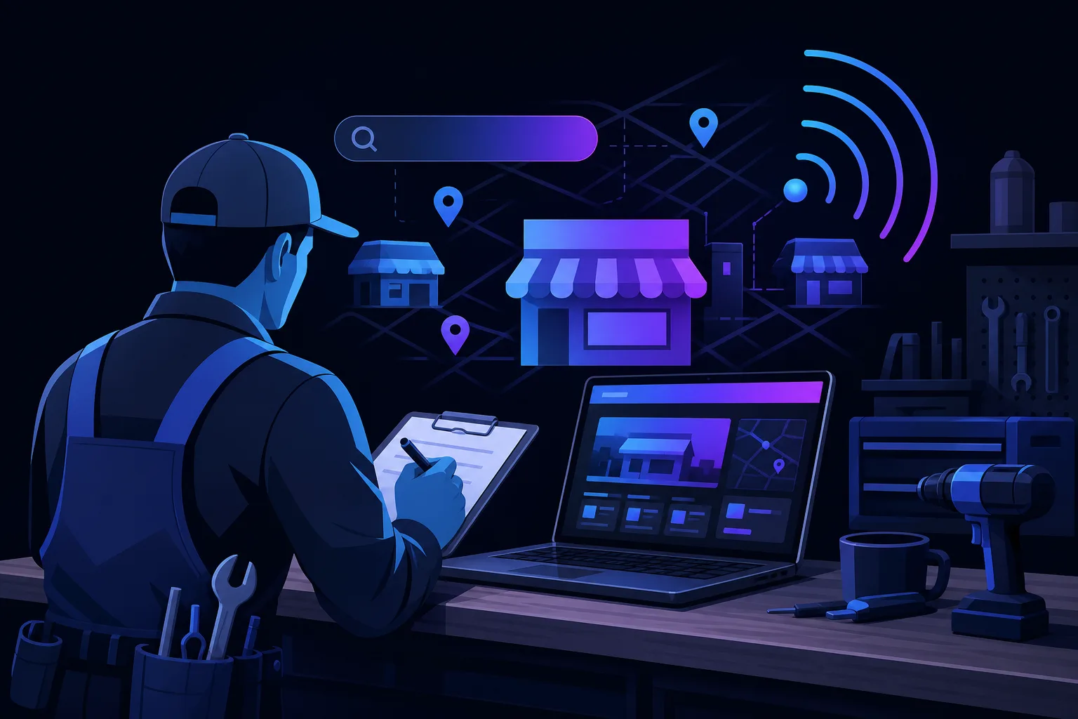 Tradesperson in overalls and cap writes on clipboard at desk with laptop showing local business map search, tools nearby