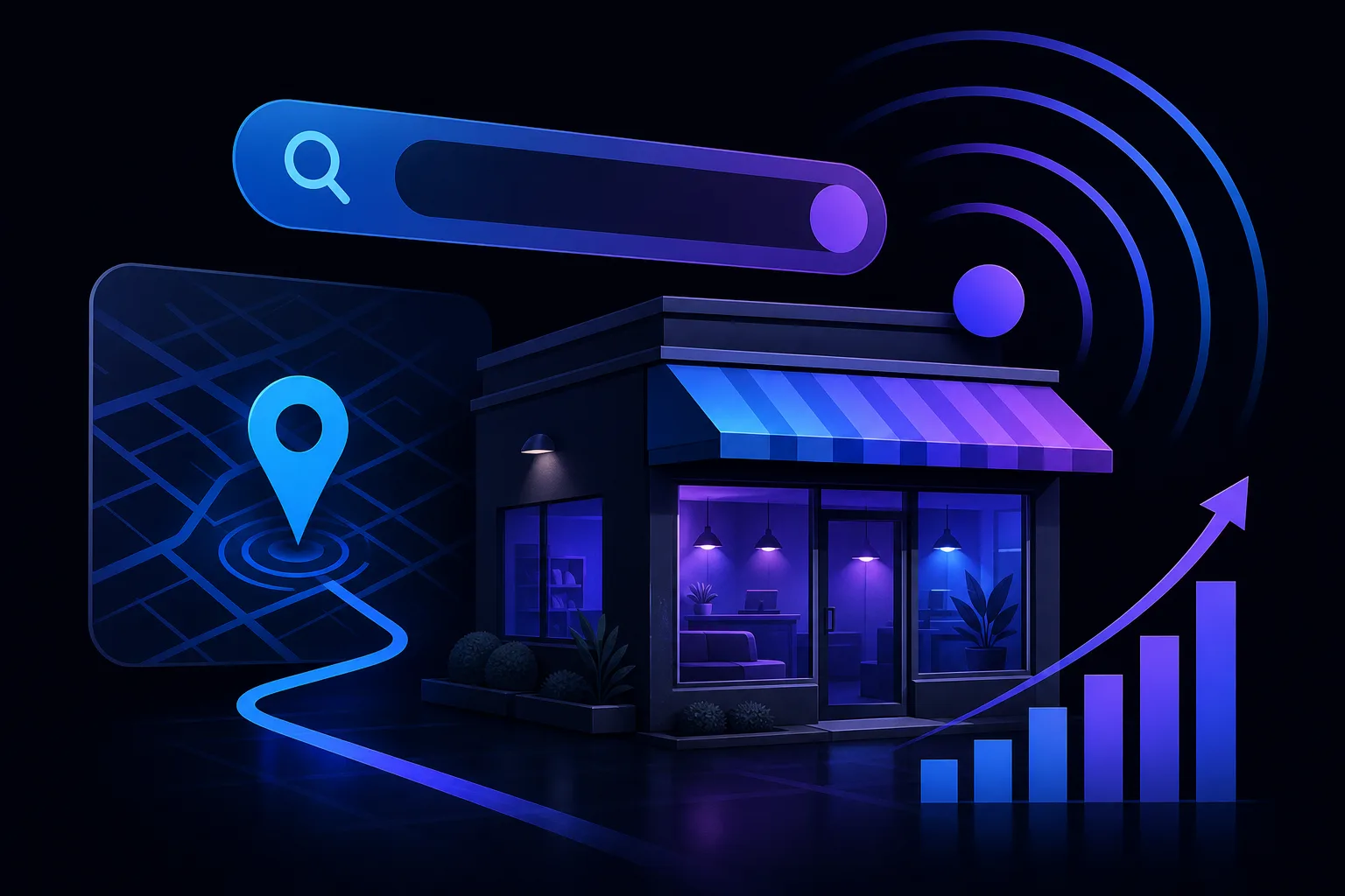 3D dark-themed illustration of a storefront with map pin, search bar, WiFi signal, and rising bar chart
