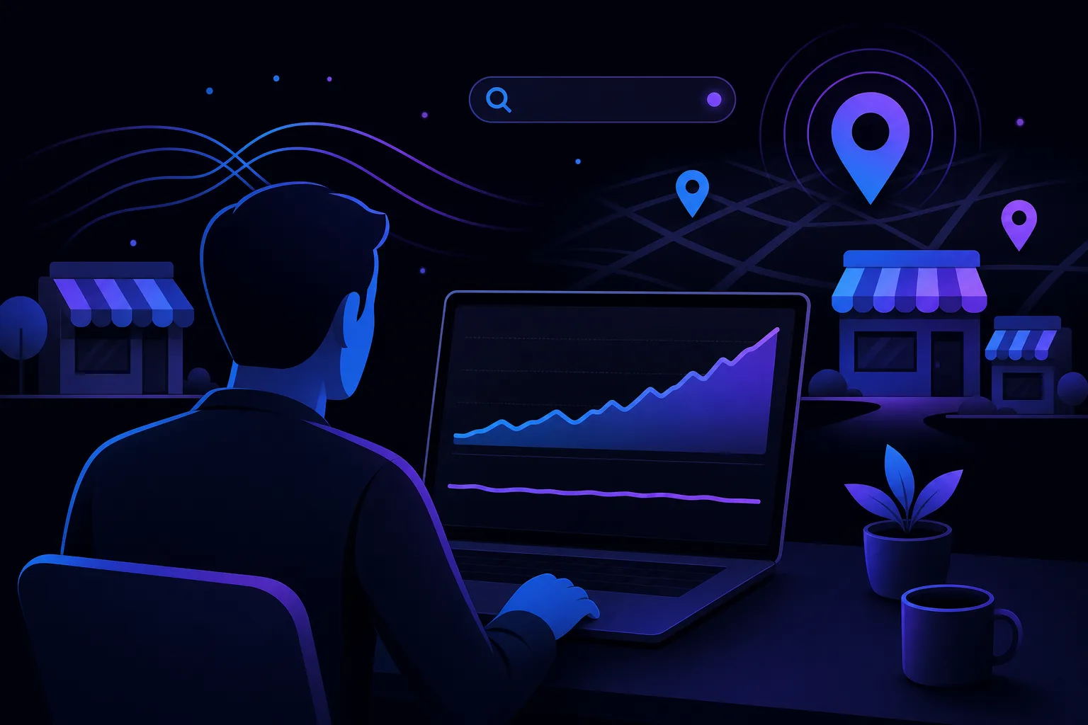 Person viewed from behind at desk using laptop showing rising graph, with map pins, search bar, and store icons in dark blue theme