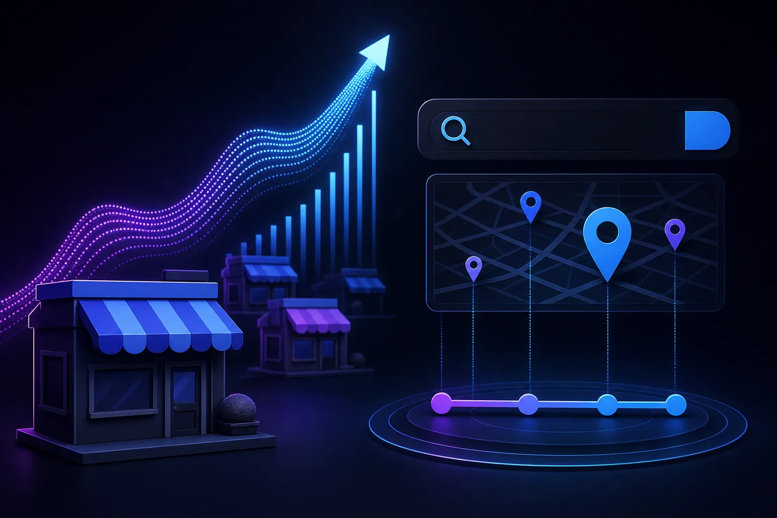 Dark-themed 3D illustration: storefront, rising bar chart with glowing arrow, search bar, and map with location pins