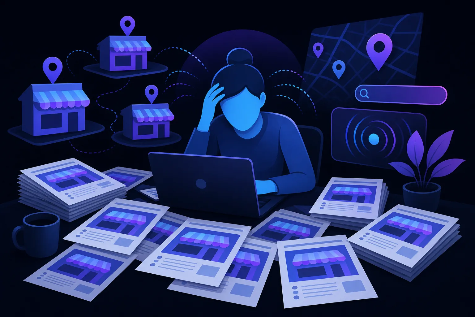Stressed woman at laptop surrounded by scattered store-listing page drafts, with shop icons, map pins, and search bar in background