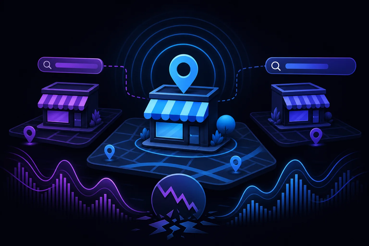 Dark-themed illustration of three retail storefronts on a map with location pins, search bars, and analytics wave charts in blue and purple.