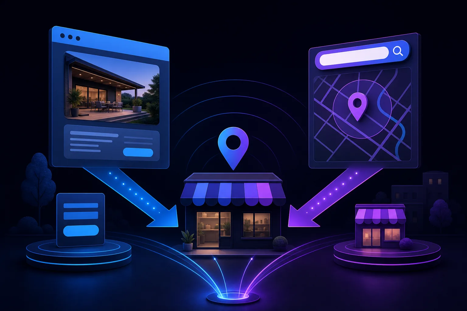 Dark-themed 3D illustration showing a storefront with location pin, connected to a website browser and a map search interface via arrows.