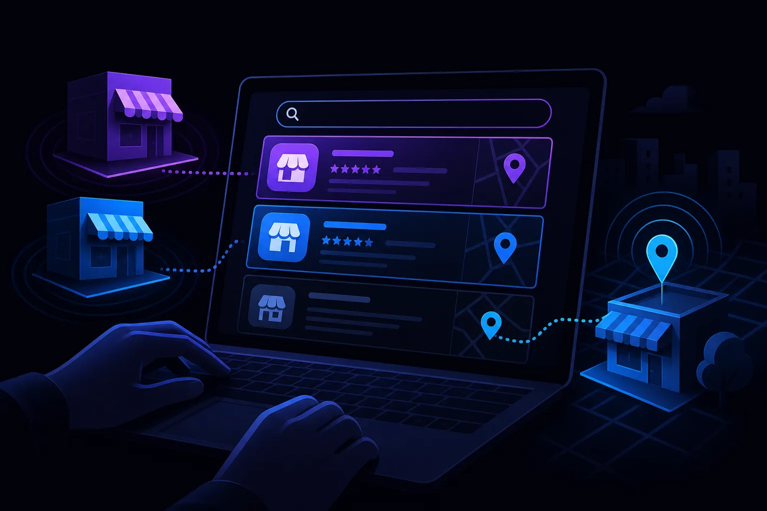 Hands typing on a dark laptop showing local business search results with store icons, star ratings, and map pins