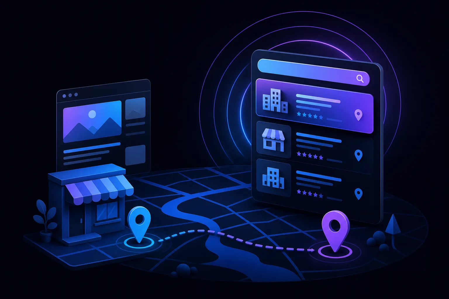 Isometric dark-theme illustration: local shop on a map with pins, a website mockup, and a search results panel showing ranked listings.