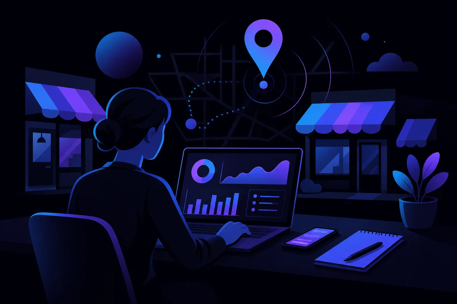 Woman seen from behind working on laptop showing analytics charts, with stores, location pin, phone, and notepad nearby.
