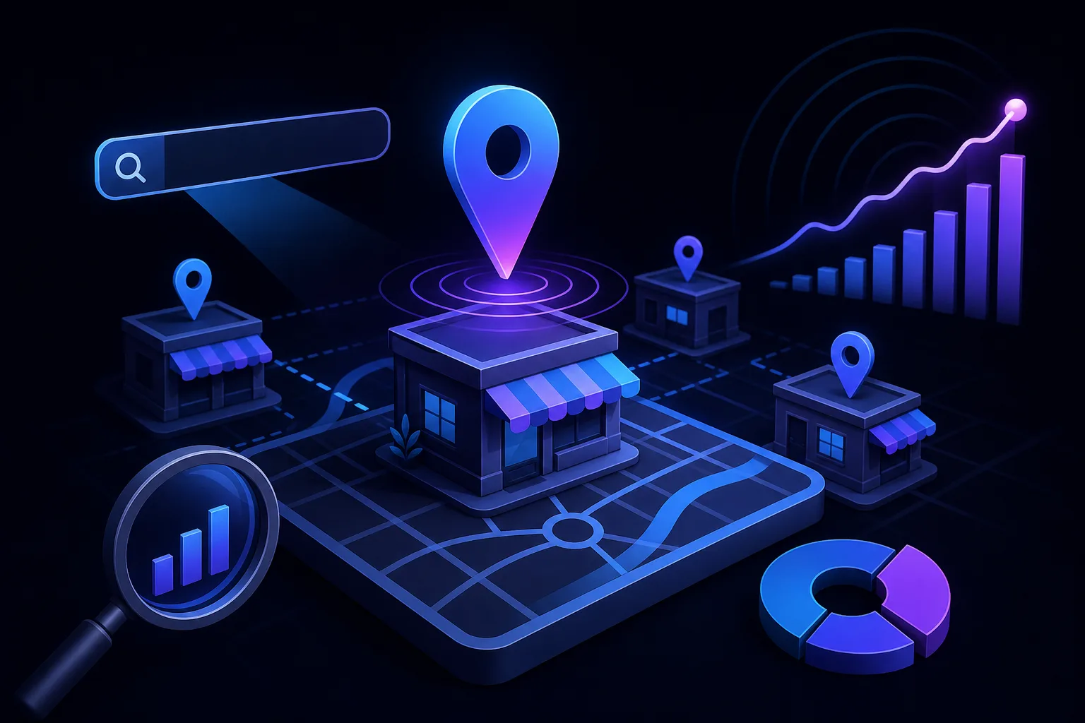 3D isometric map with store pins, search bar, magnifying glass with bar chart, growth graph, and pie chart on dark background