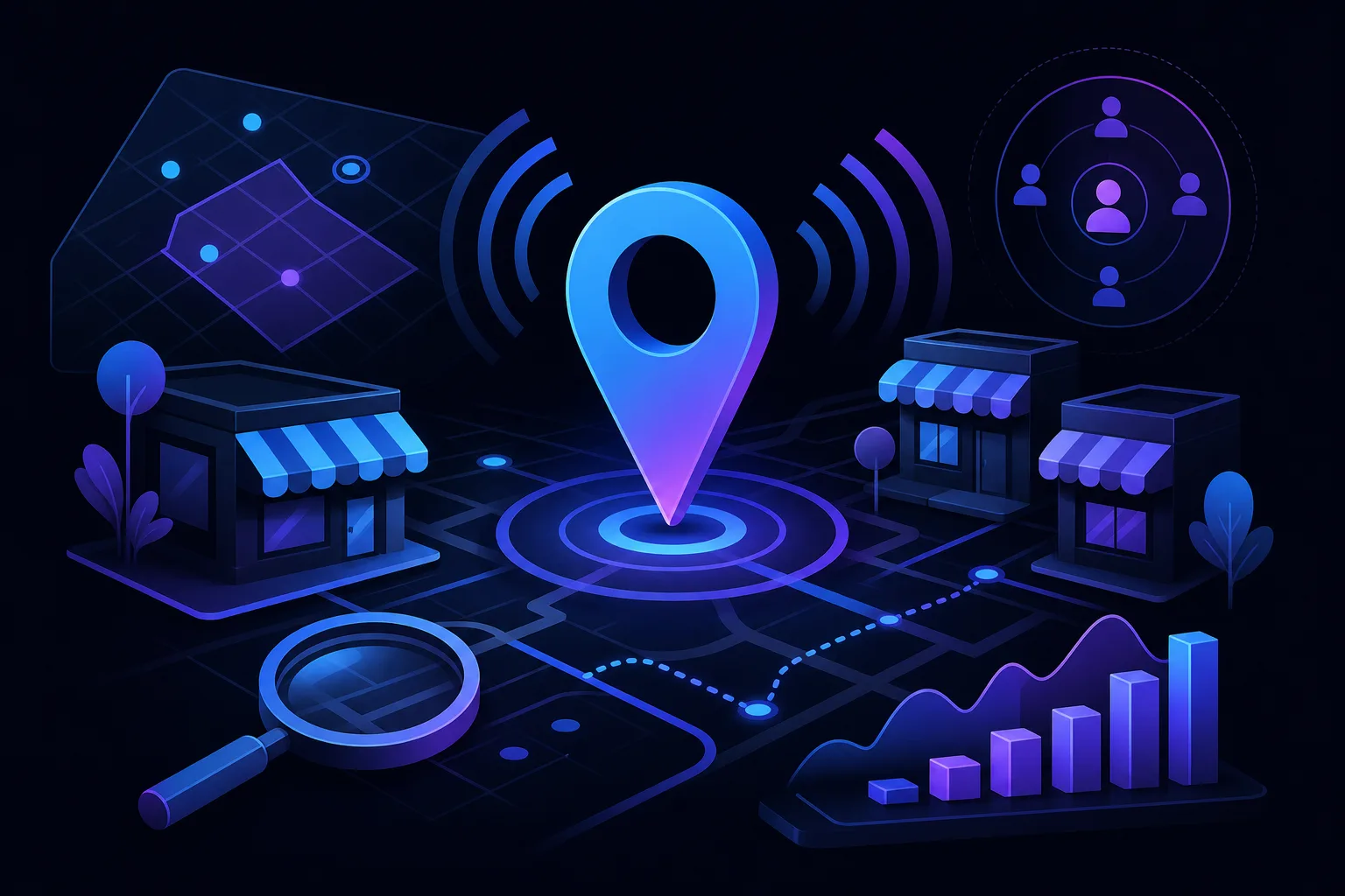 Dark-themed isometric map with a glowing location pin, storefronts, magnifying glass, and analytics bar chart in blue-purple tones.