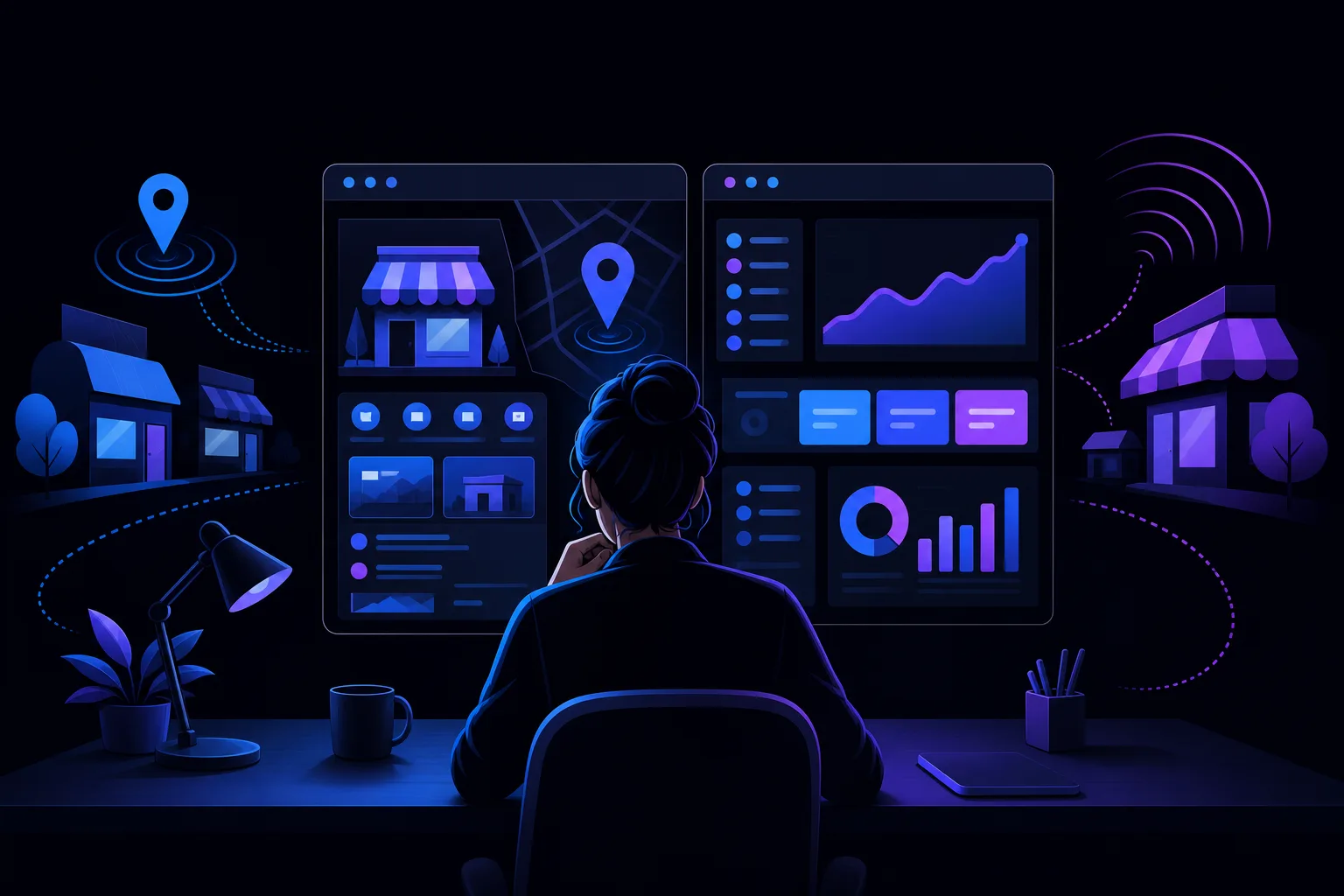 Person seen from behind at dark desk reviewing two browser windows showing local business listings, maps, and analytics charts.