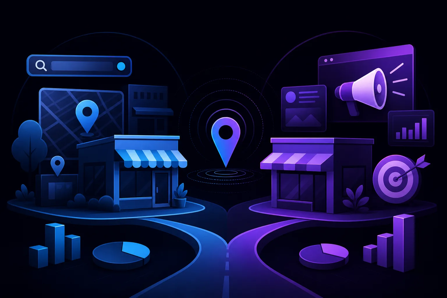 Split dark illustration: blue side shows local store with map pin and search bar; purple side shows store with megaphone and target ads icons.