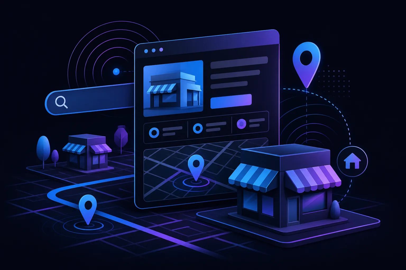 Dark-themed 3D illustration of local business listings, map pins, storefronts, and a search bar on a digital screen.