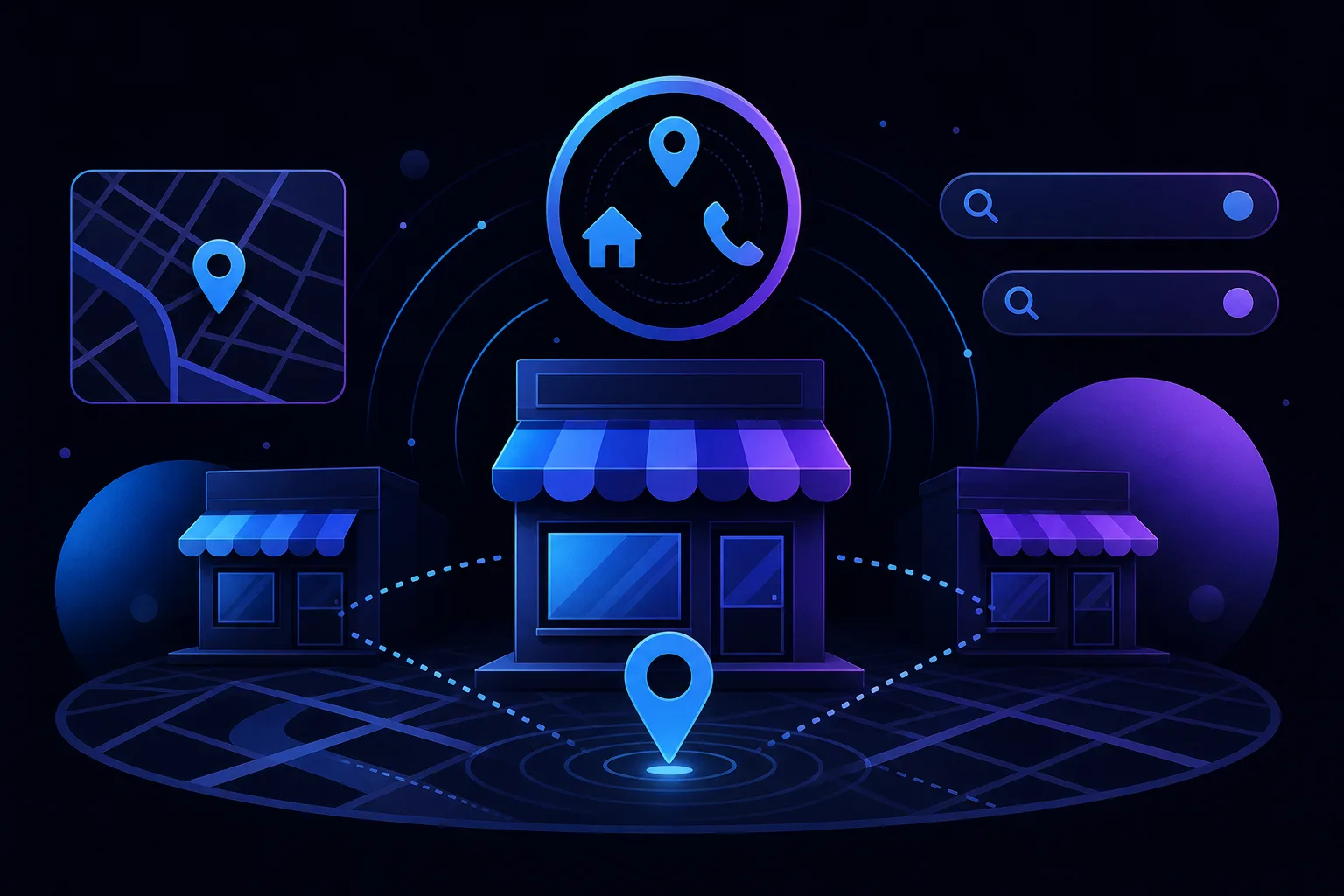 Dark-themed illustration of three storefronts on a map grid with location pins, search bars, and contact icons overhead.
