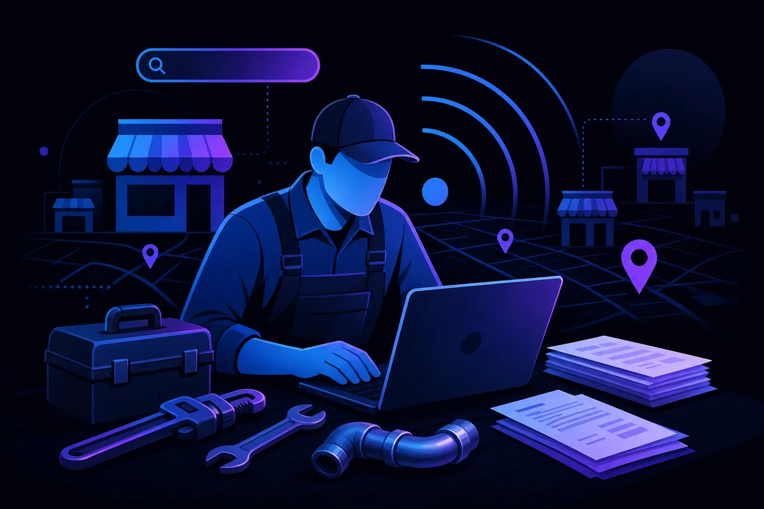 Illustrated plumber in work overalls using a laptop, surrounded by wrenches, pipe fittings, toolbox, and documents on dark background.