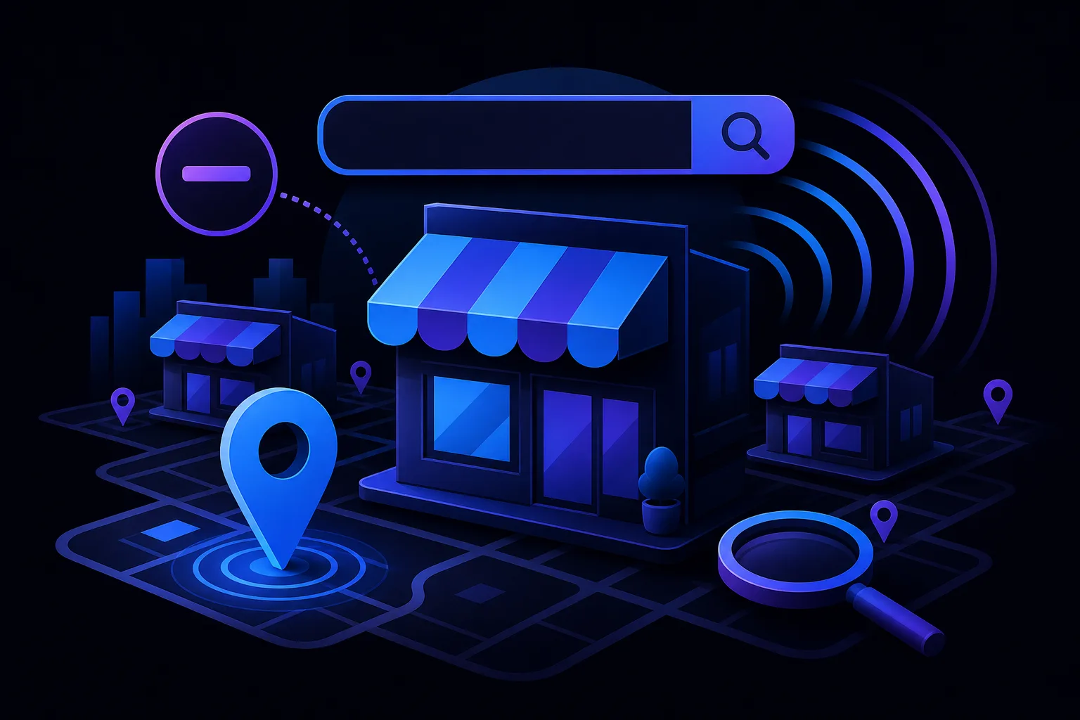 Dark isometric illustration of local storefronts on a map grid with a search bar, location pins, magnifier, and a minus-sign icon.