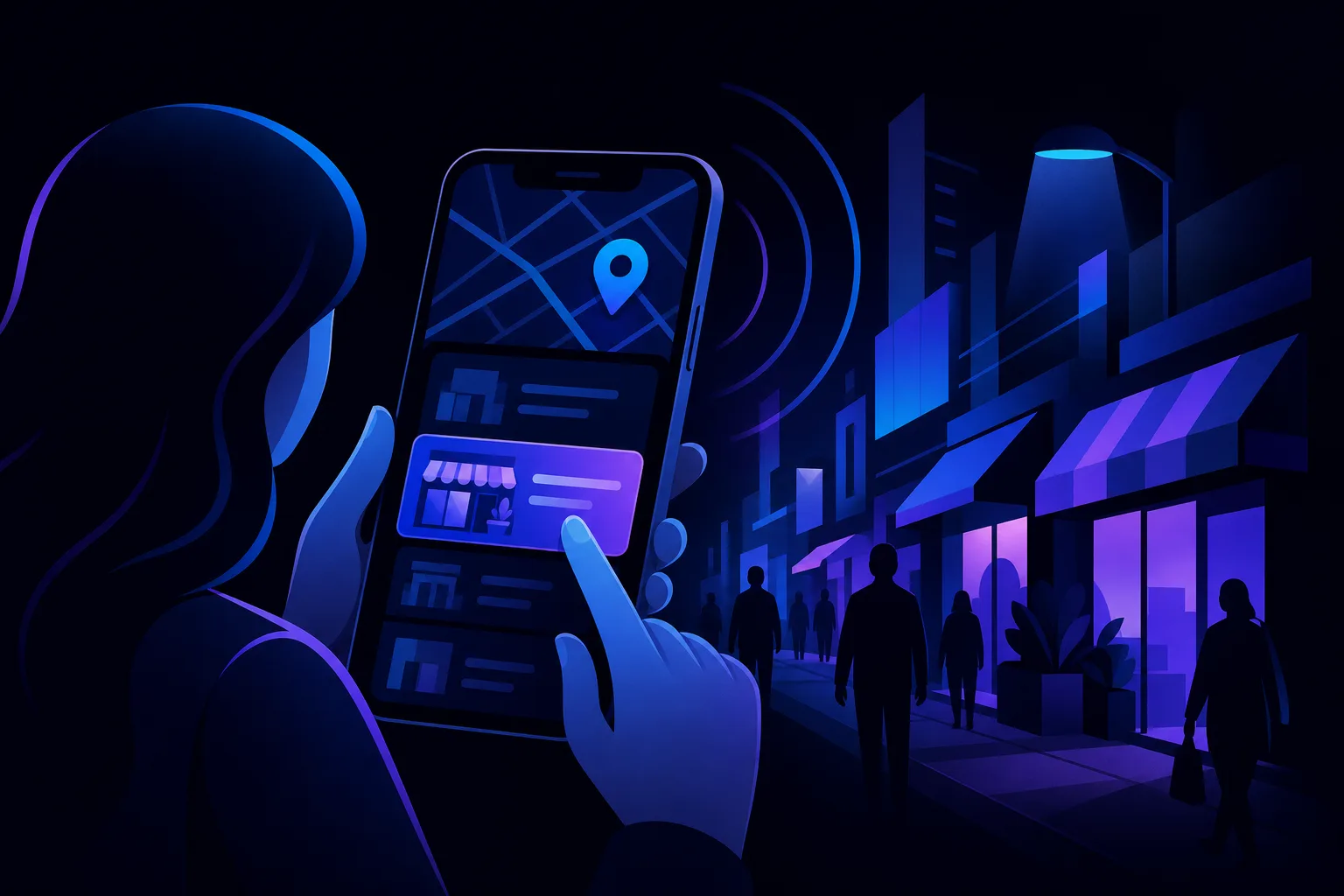 Illustrated woman tapping a local business listing on a map app at night on a busy neon-lit urban sidewalk.