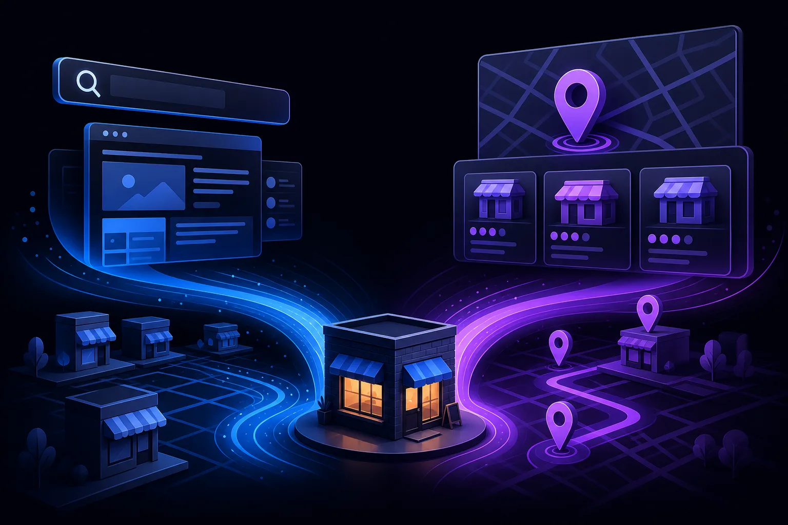3D illustration of a lit storefront with blue search/website UI and purple map pins and local business listings flowing from it