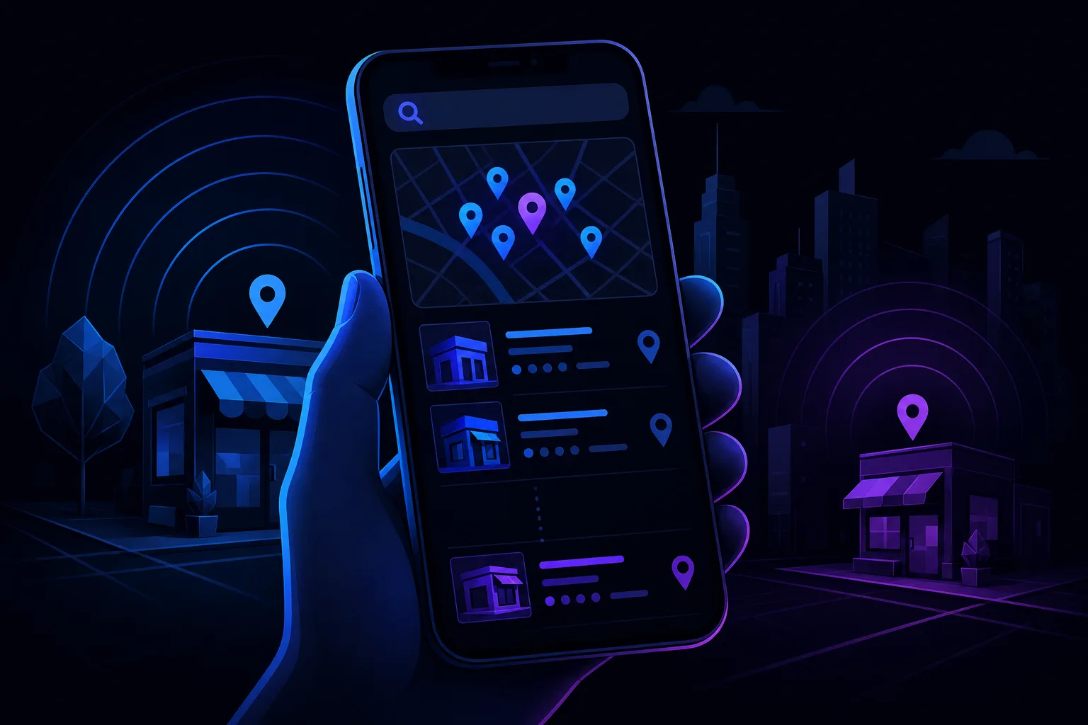 Hand holding smartphone showing dark-themed local map app with location pins and business listings, city storefronts in background