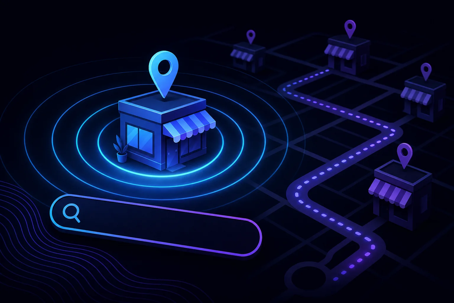 Glowing isometric storefront with blue location pin, ripple rings, search bar, and dotted route connecting multiple shop locations on dark map