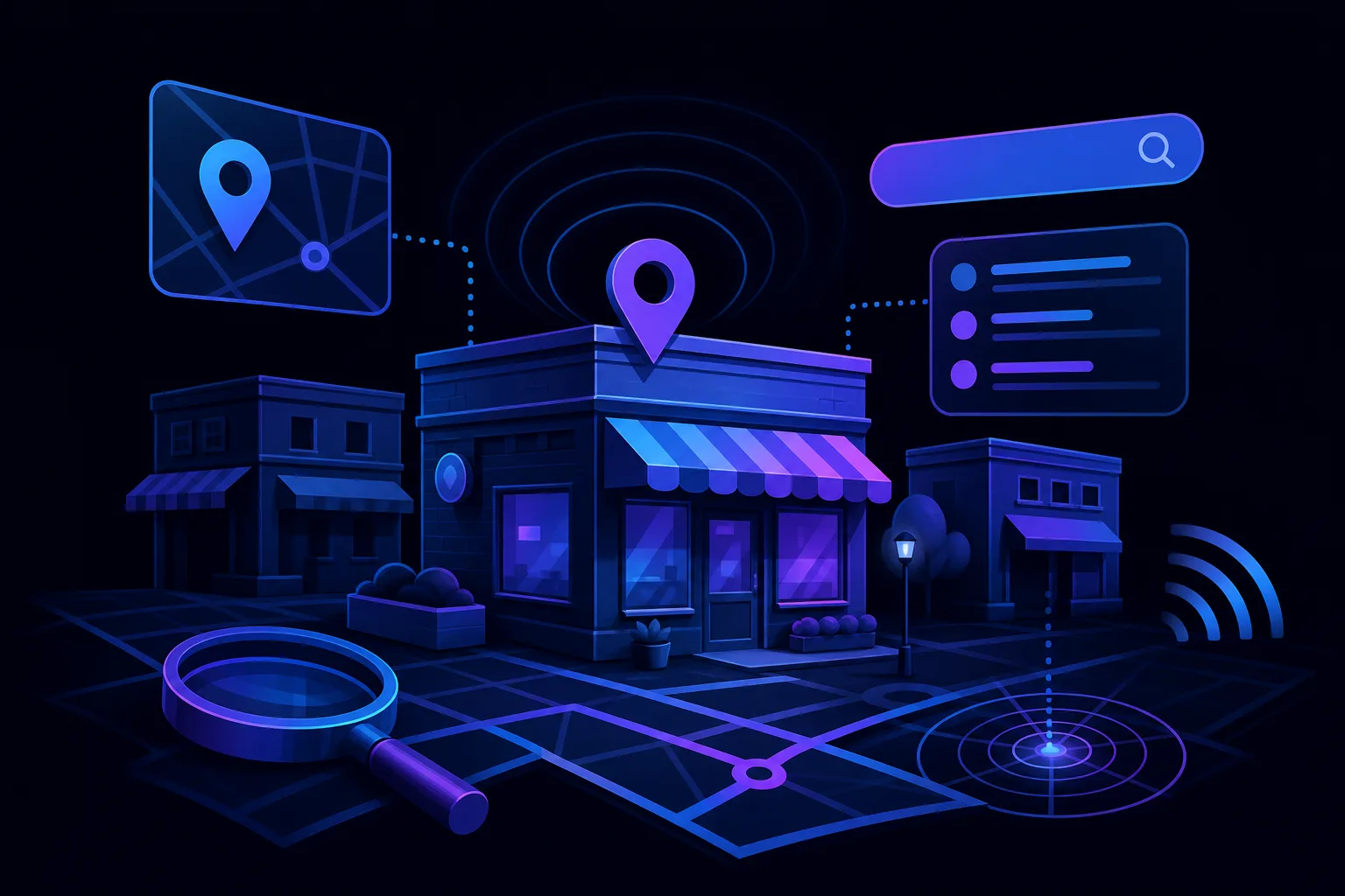 Dark neon illustration of a storefront with map pin, search bar, location map, magnifying glass, and listing panel UI elements