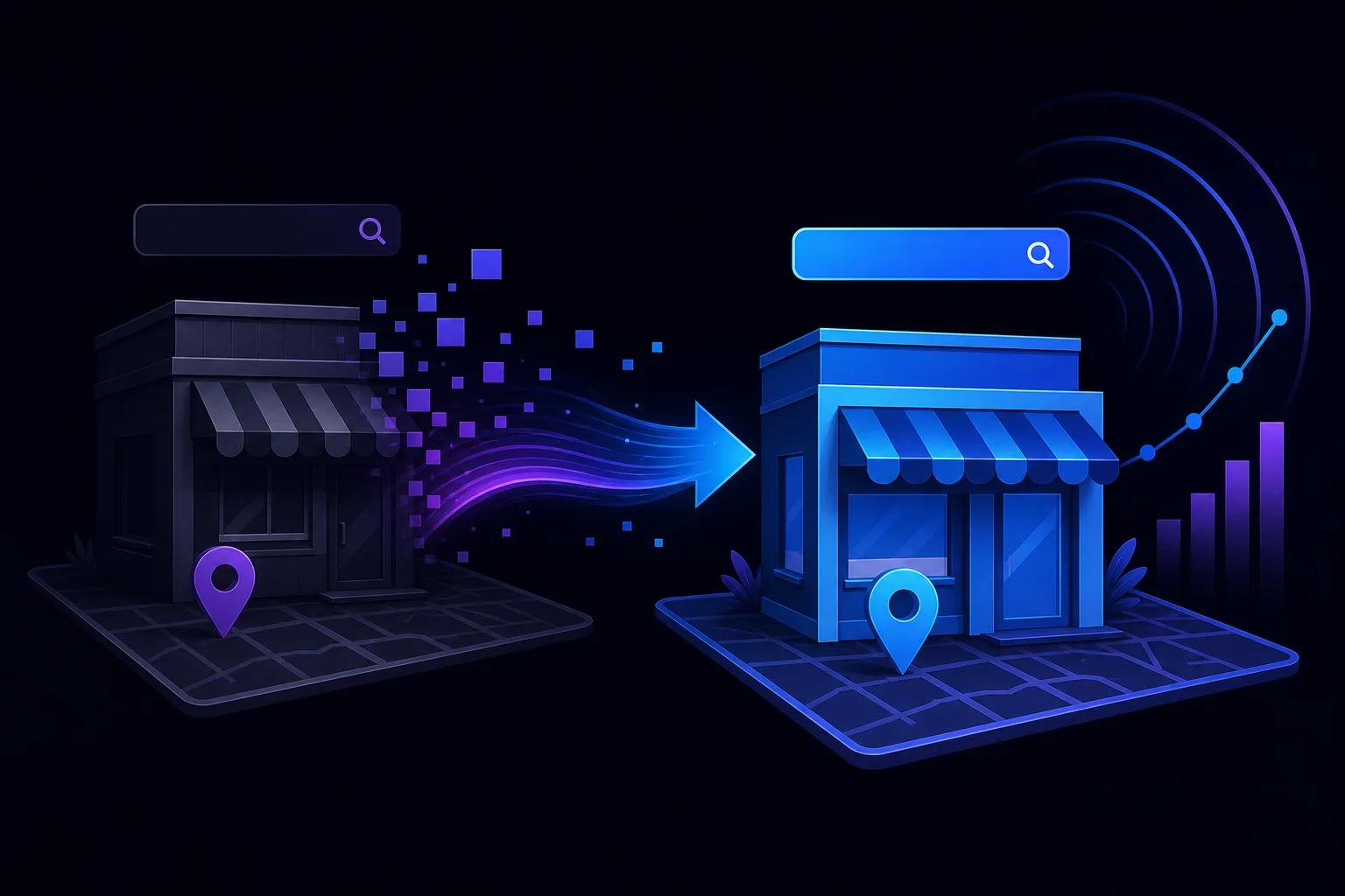 Dark storefront with purple location pin transforms via glowing arrow into bright blue storefront with search bar and analytics chart