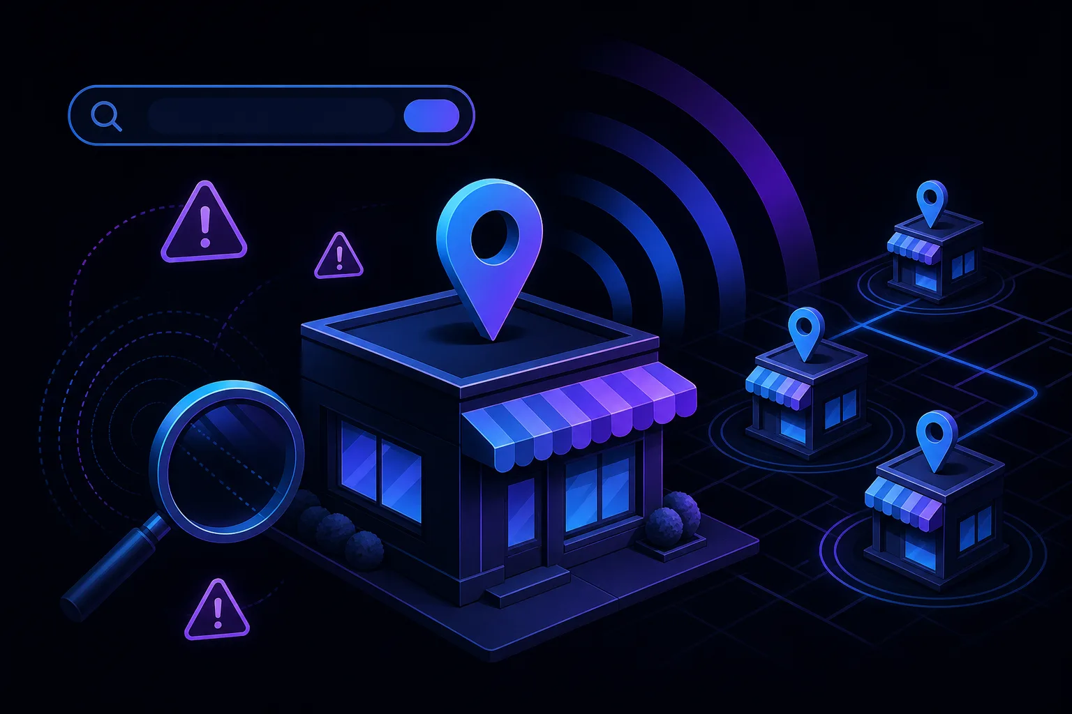 Neon illustration of local businesses, map pins, search icon, magnifier, and warning symbols.