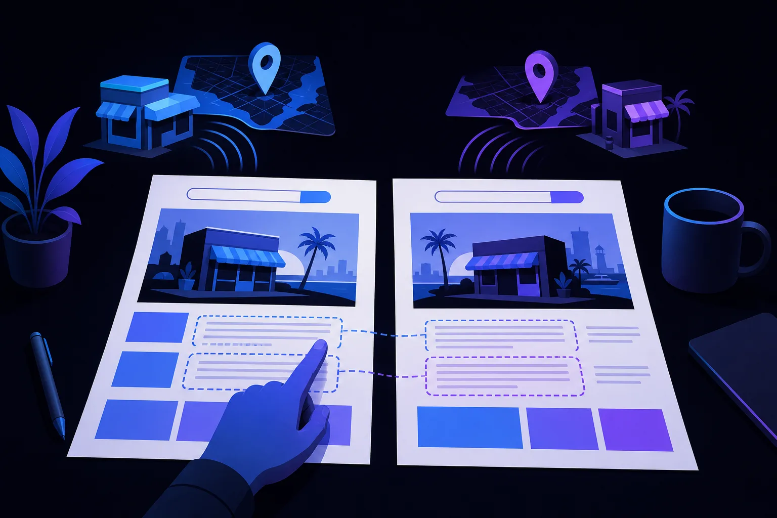 Two side-by-side webpage mockups with store images and map pins on a dark desk; a hand points connecting dashed lines between them.